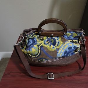 Fossil floral print wooden top handles leather detailing detachable strap purse